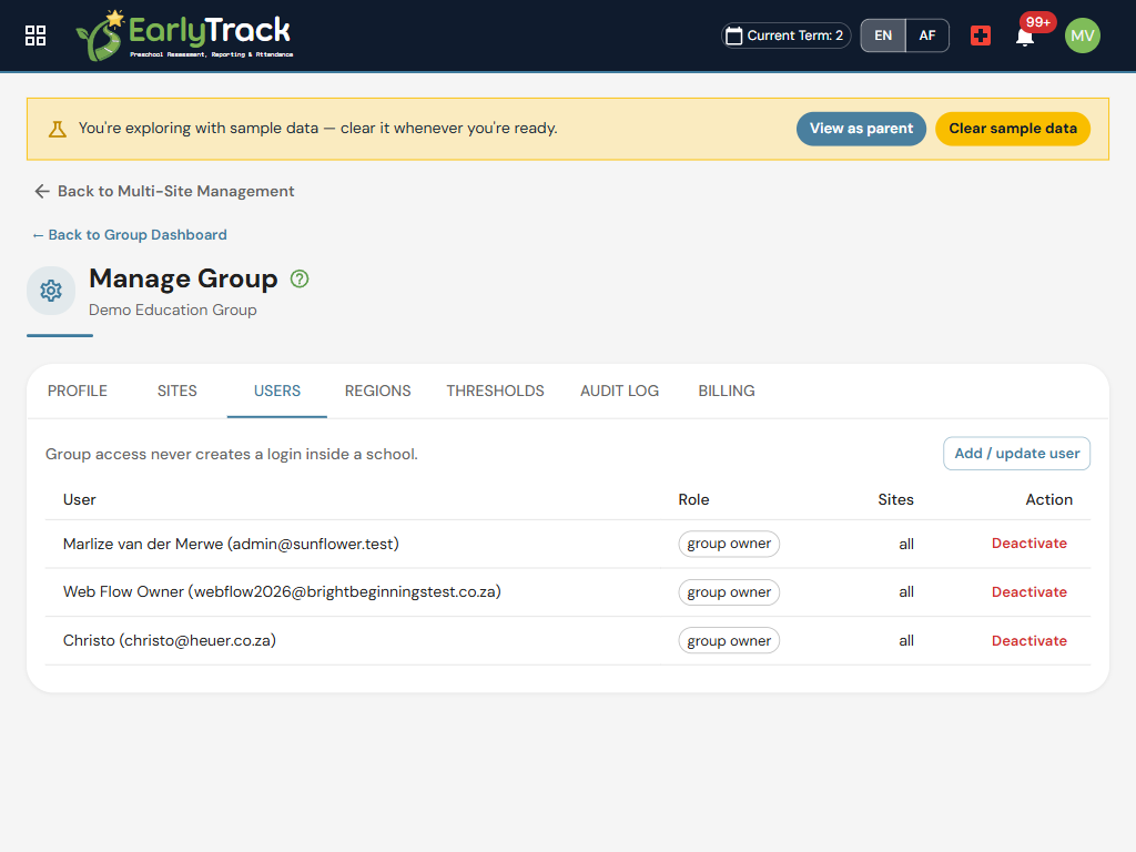 EarlyTrack Groups users screen showing group roles and per-user site scope, with regions for regional managers