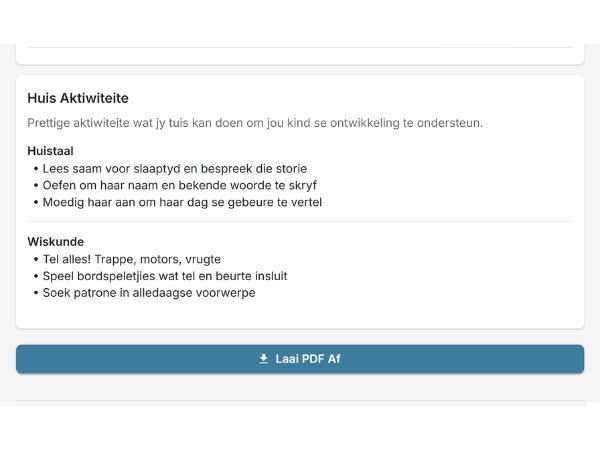 EarlyTrack AI-generated home learning activities in Afrikaans tailored to child assessment