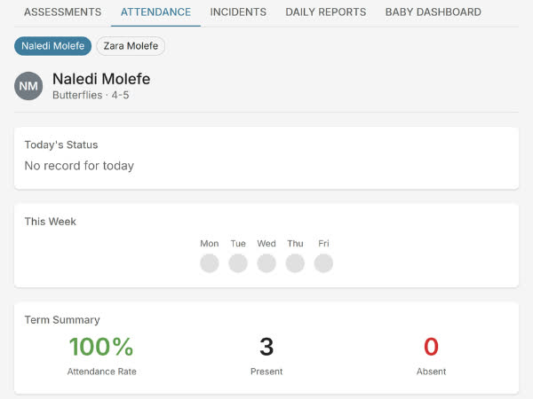 EarlyTrack parent portal attendance dashboard showing weekly and term summary