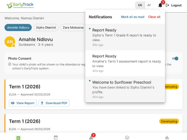 EarlyTrack notification bell with unread badge and notification dropdown