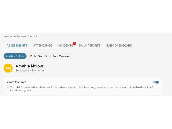 EarlyTrack photo consent toggle in parent portal settings