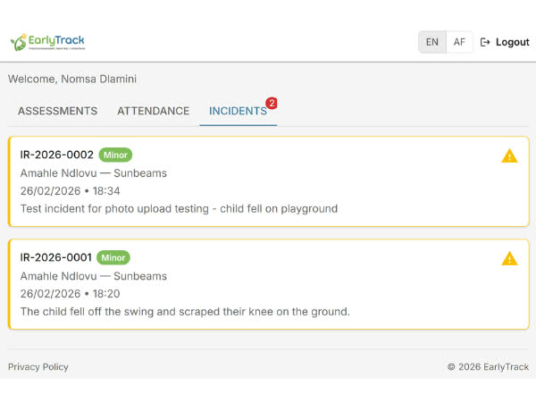 EarlyTrack parent portal incident reports with acknowledgement button