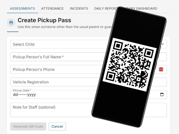 EarlyTrack authorised pickup pass with QR code — parent creates a digital pass for alternative child collection