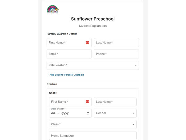 EarlyTrack parent self-registration form with school branding