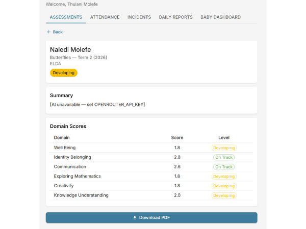EarlyTrack parent portal showing assessment reports with View Report and Download PDF buttons
