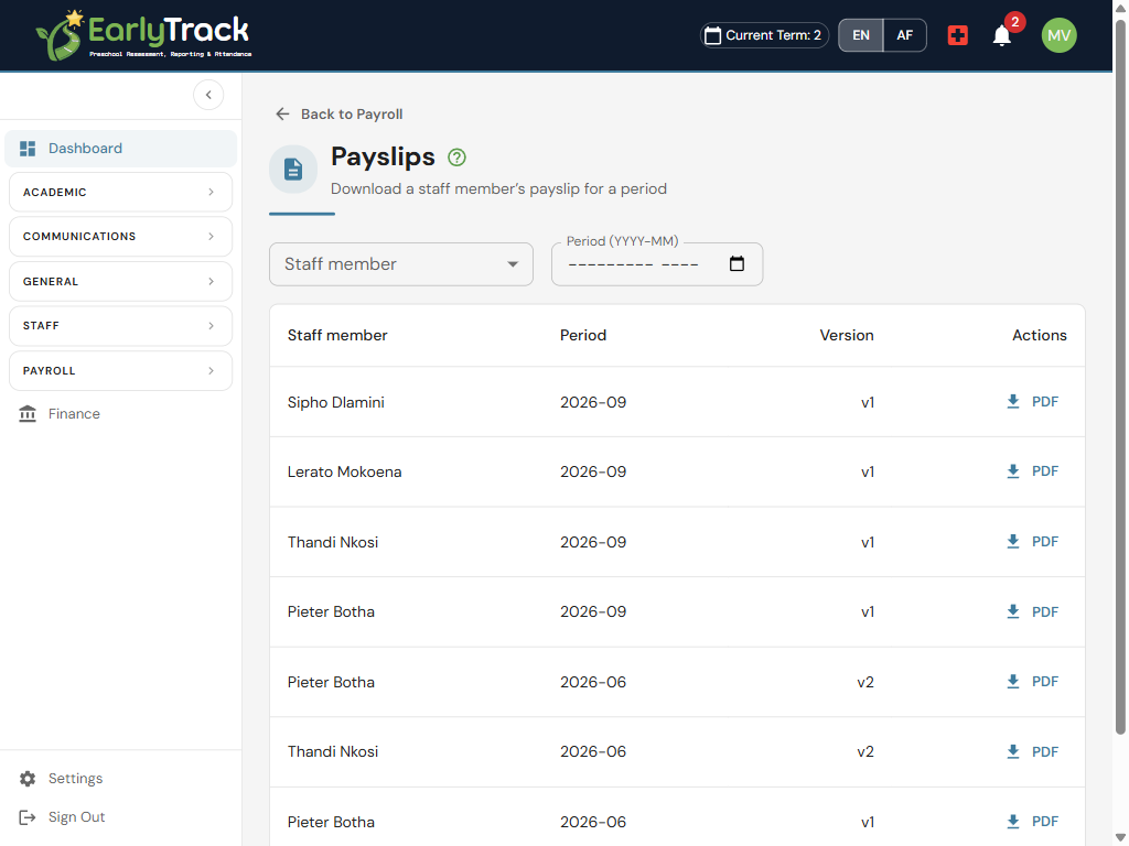 EarlyTrack Payroll payslips for preschool staff with gross pay, PAYE, UIF and net pay