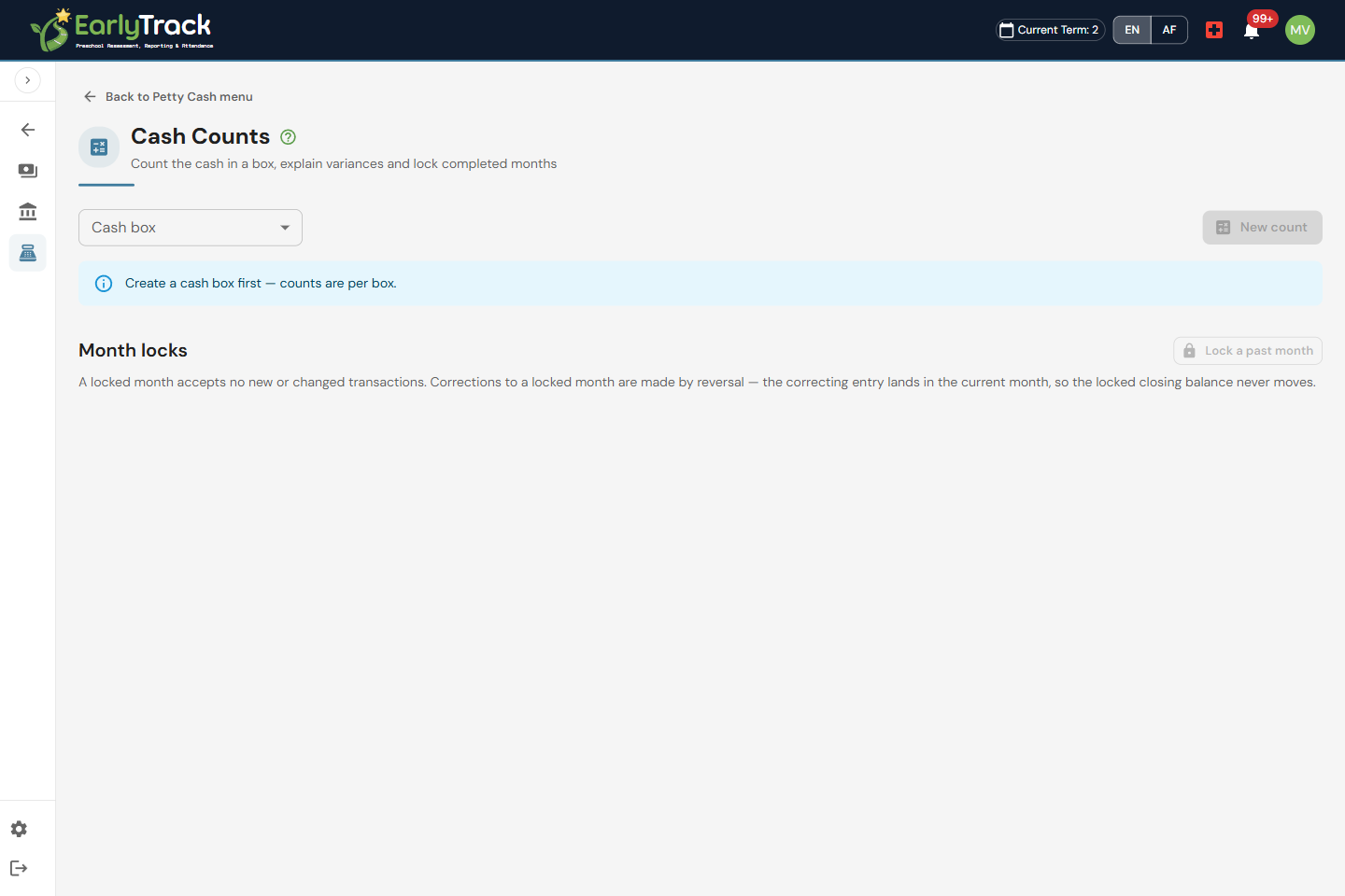 EarlyTrack cash count screen comparing counted cash to the system balance with a variance