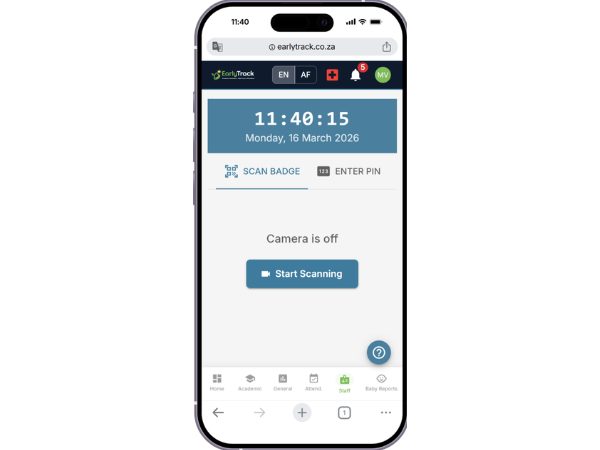 EarlyTrack tablet kiosk mode mounted at South African preschool entrance