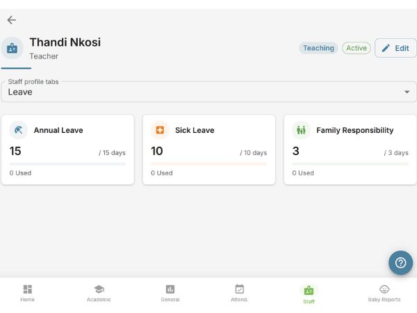 EarlyTrack staff leave balance overview showing annual, sick, and family responsibility leave