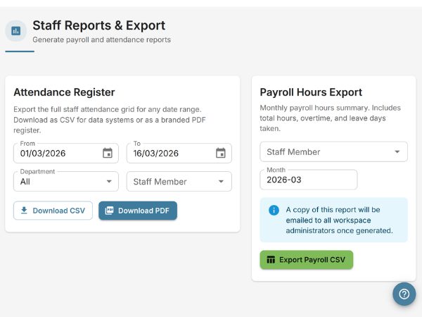 EarlyTrack monthly payroll hours summary showing staff hours, overtime, and leave taken