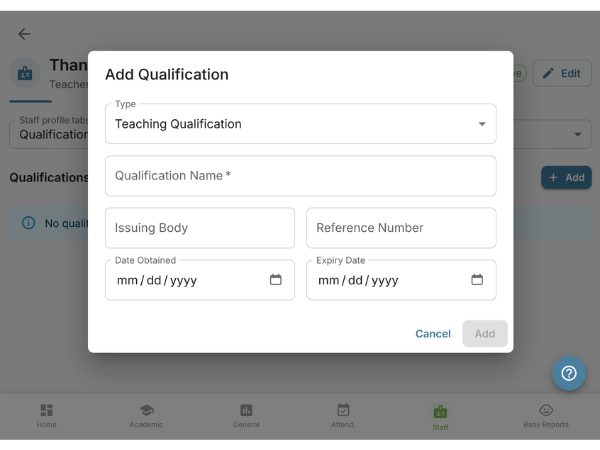 EarlyTrack staff qualification tracking showing certificate expiry dates and renewal alerts