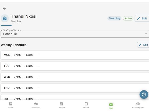EarlyTrack weekly staff schedule grid showing class assignments and shift times