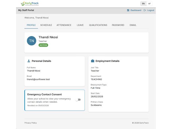 EarlyTrack staff self-service portal showing leave balance, schedule, and qualification alerts