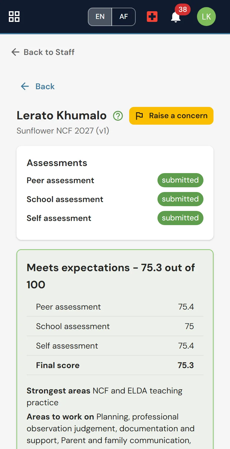 A teacher reading her own sealed assessment result on her phone in EarlyTrack, showing the band and final score