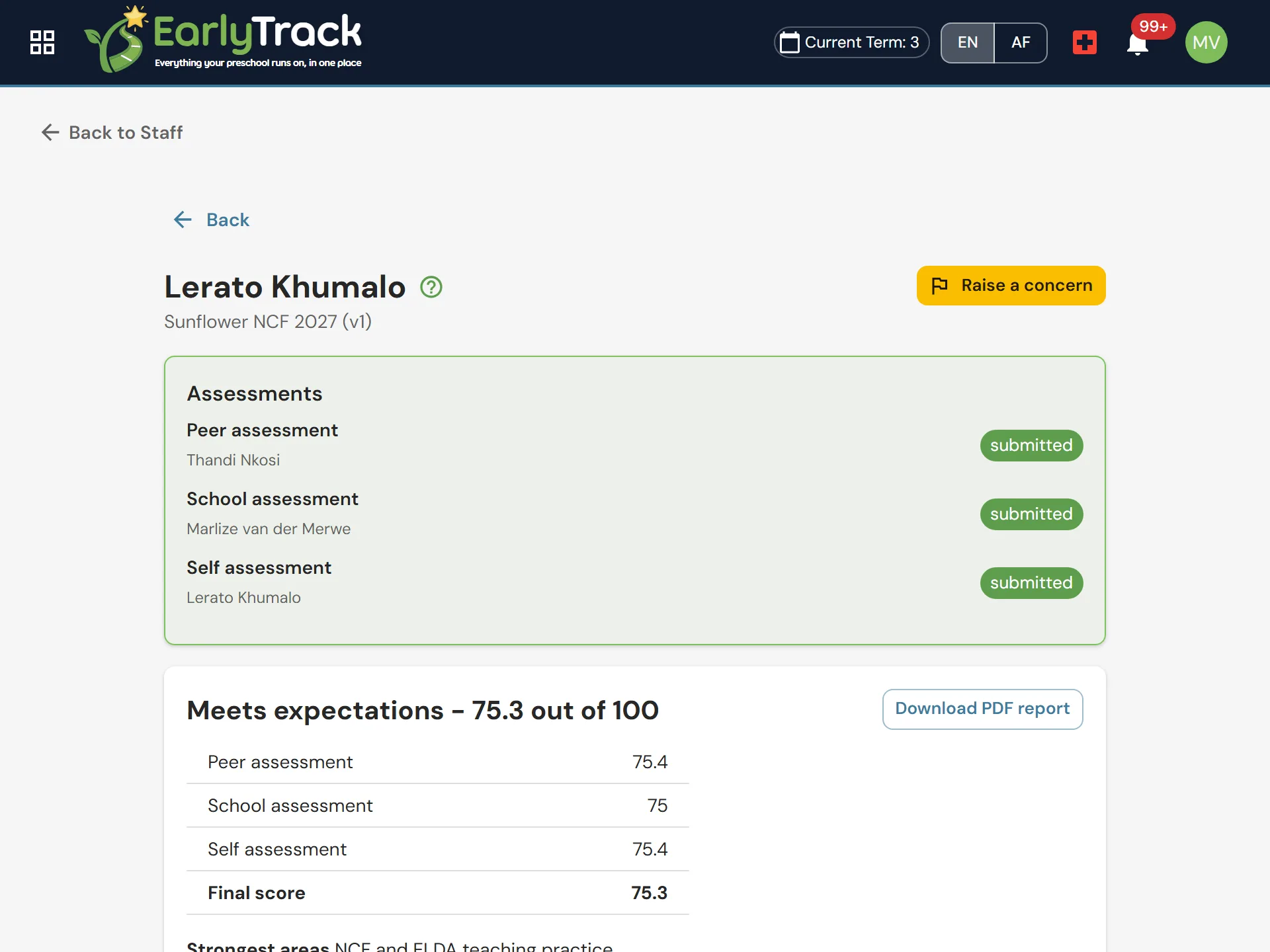 A sealed teacher assessment result in EarlyTrack showing the band, school, self and peer scores and the final score out of 100