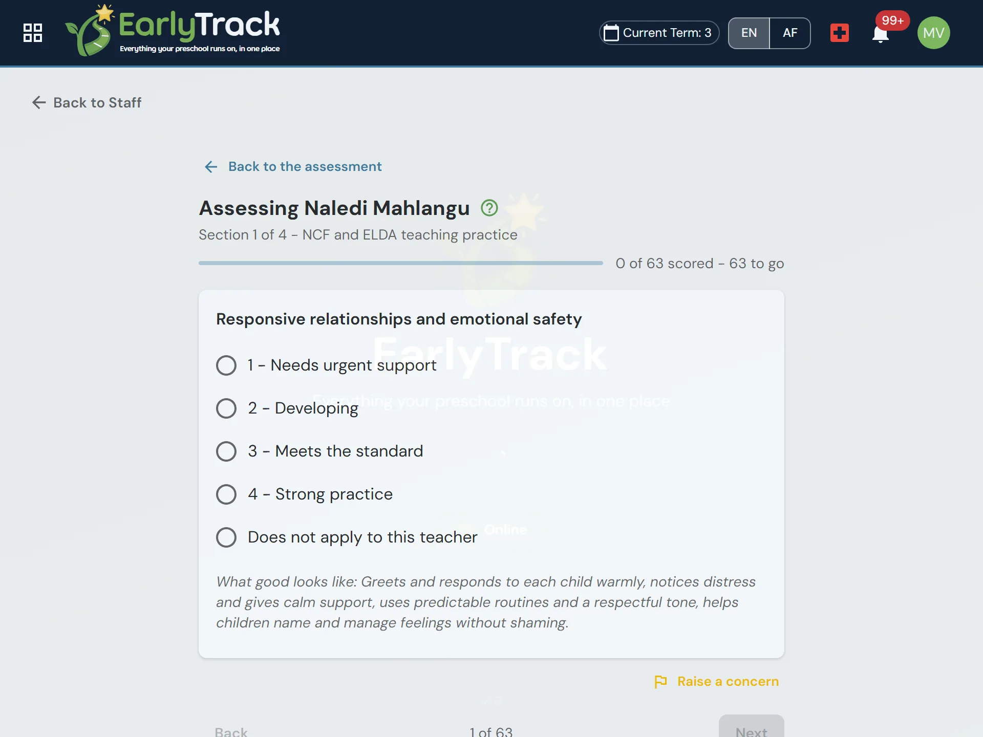 Blind scoring a teacher assessment item in EarlyTrack on a named 1 to 4 scale with What good looks like guidance