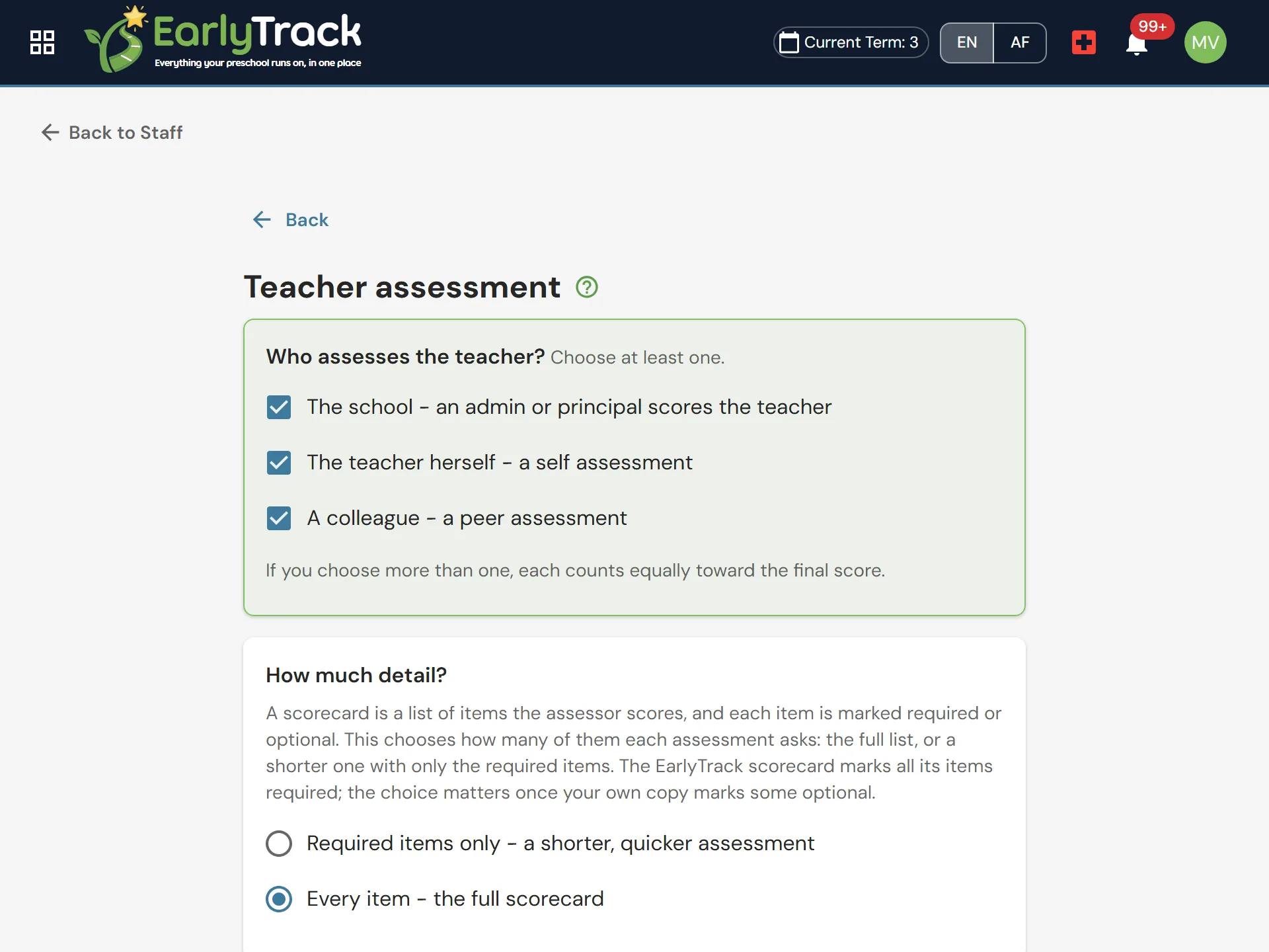 EarlyTrack teacher assessment settings showing assessment types, report sharing and record retention rules for POPIA compliance