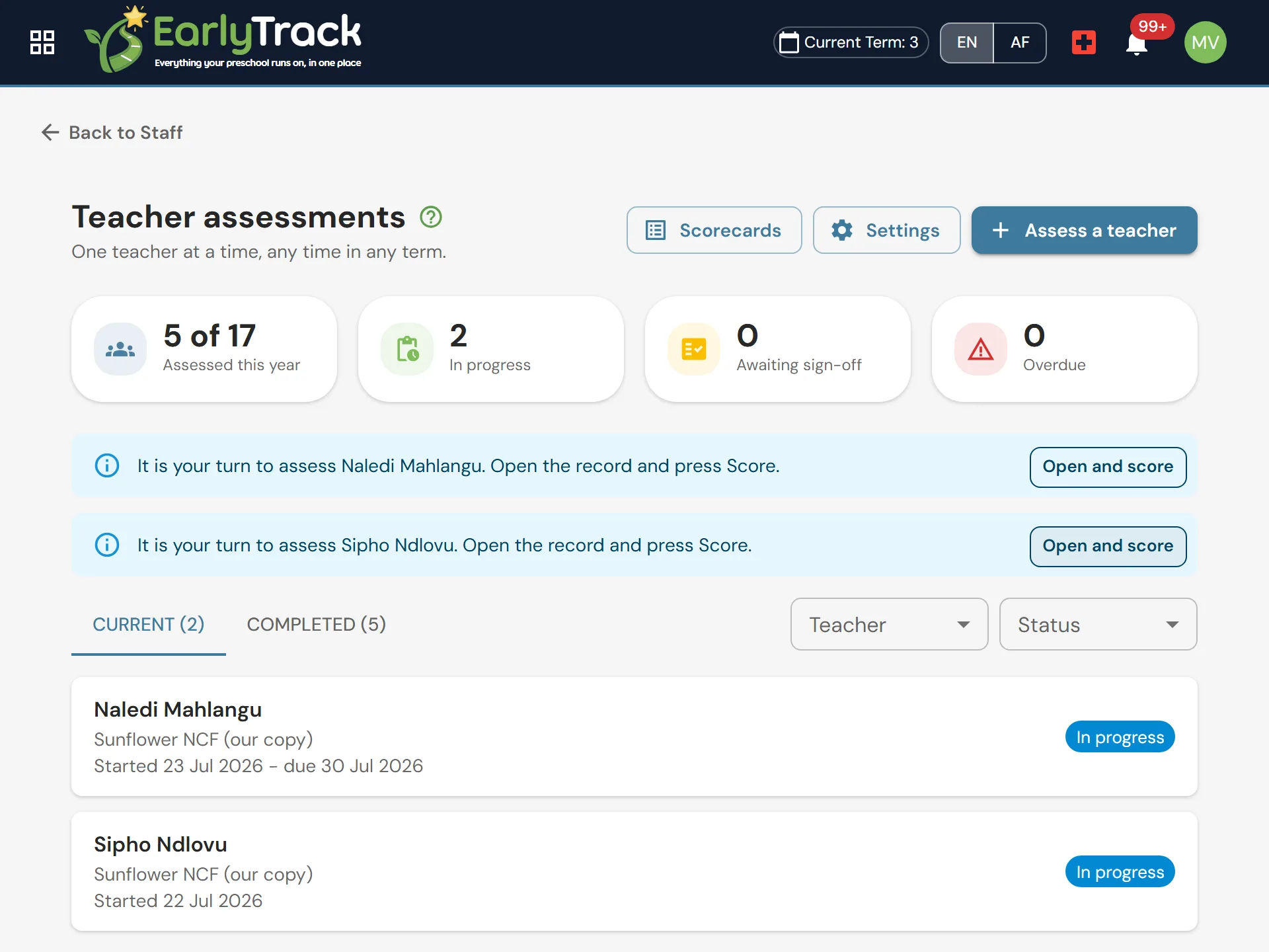 EarlyTrack teacher assessment dashboard with your-turn banners and progress counters for in-progress teacher assessments